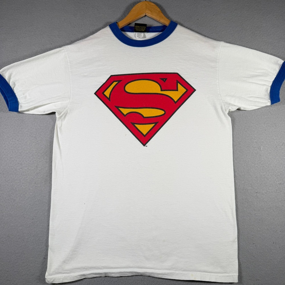 Vintage 2001 Warner Bros Superman Ringer T-Shirt Mens Large White Blue USA Made